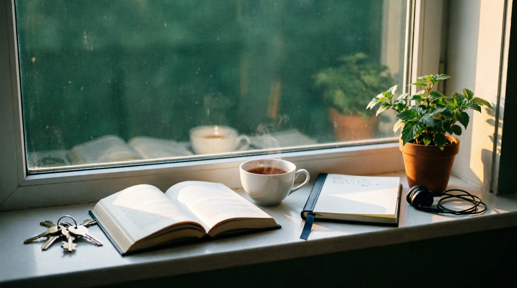 Подоконник в утреннем солнце: связка ключей, раскрытая книга, чашка чая с паром, блокнот с закладкой, наушники и растение в глиняном горшке.
